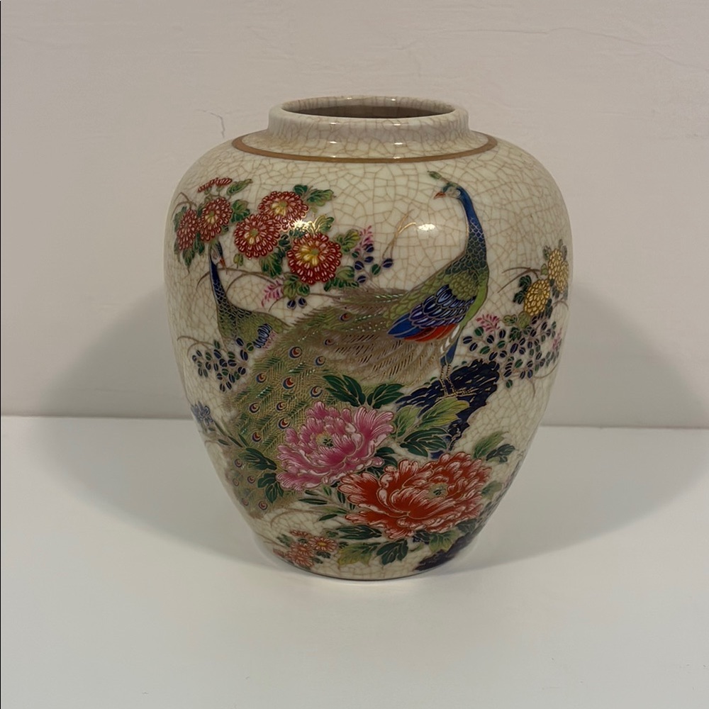 Elegant Japanese Peacock and Peony Vase